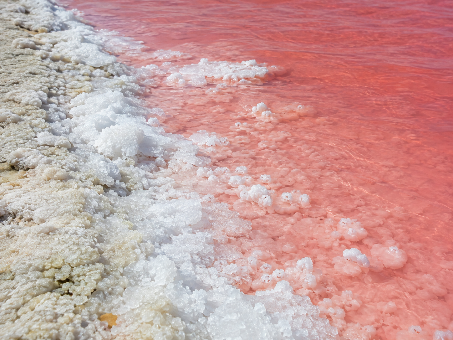 Salt crystals and crusts surround the highly saline pink water of Lake Hillier.