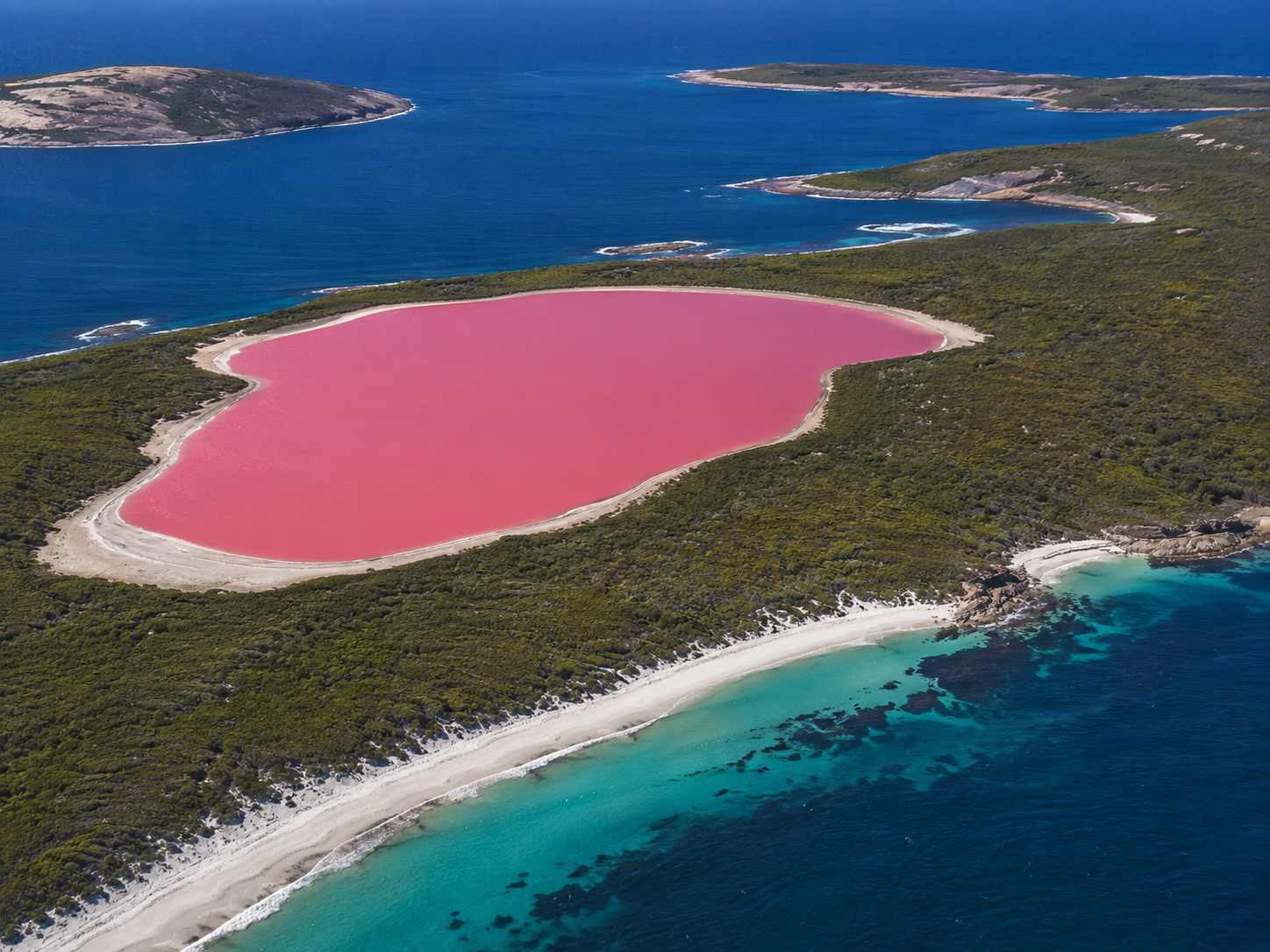 Lake Hillier’s bright pink water contrasts strongly with its pale shore, green vegetation and blue ocean.