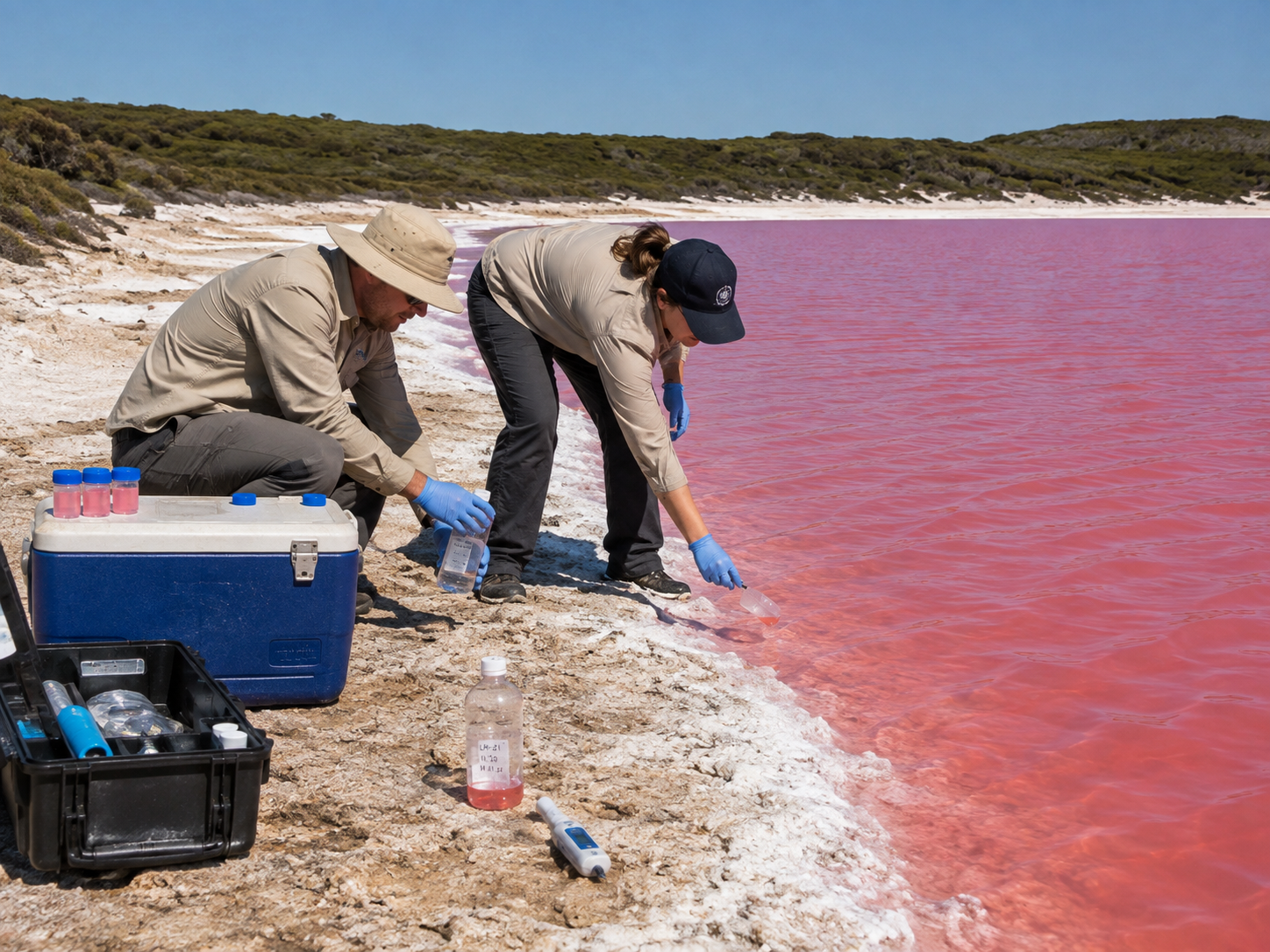 Scientists collect water samples from a hypersaline lake to study its unusual microbial life.