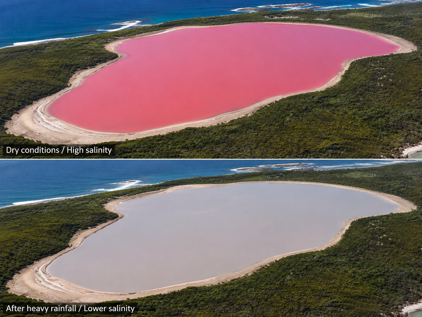 Lake Hillier’s colour can vary, becoming less pink when heavy rainfall dilutes its salty water.