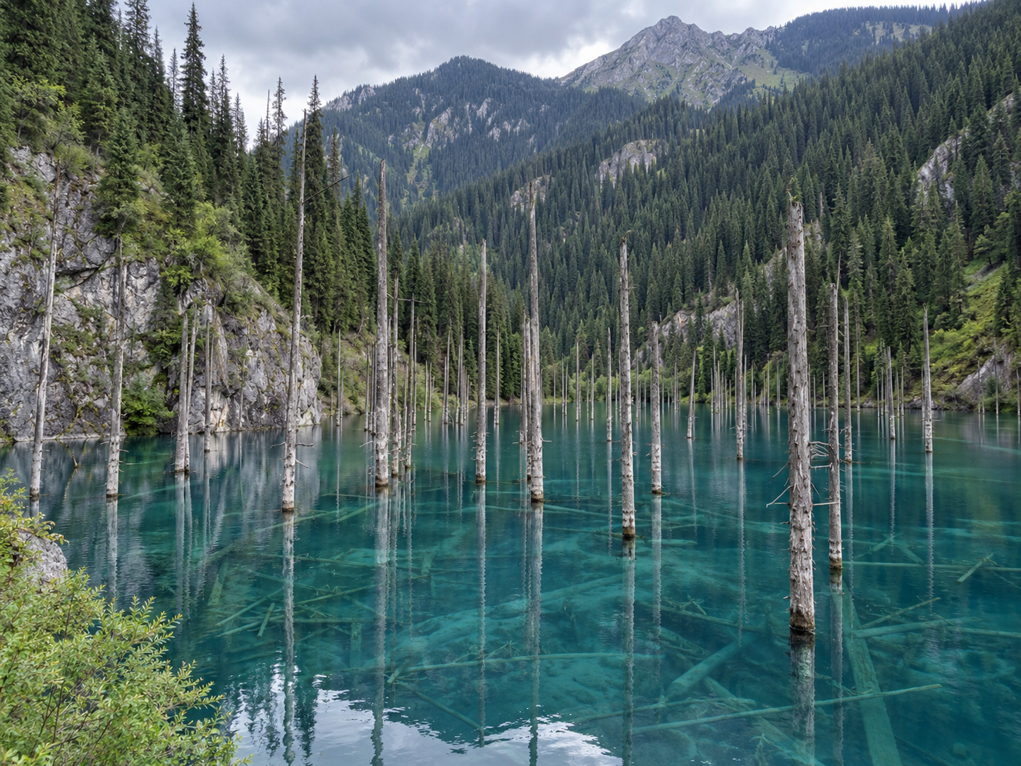 Pale spruce trees rise from the turquoise water of Lake Kaindy, surrounded by the forests and mountains of Kazakhstan.