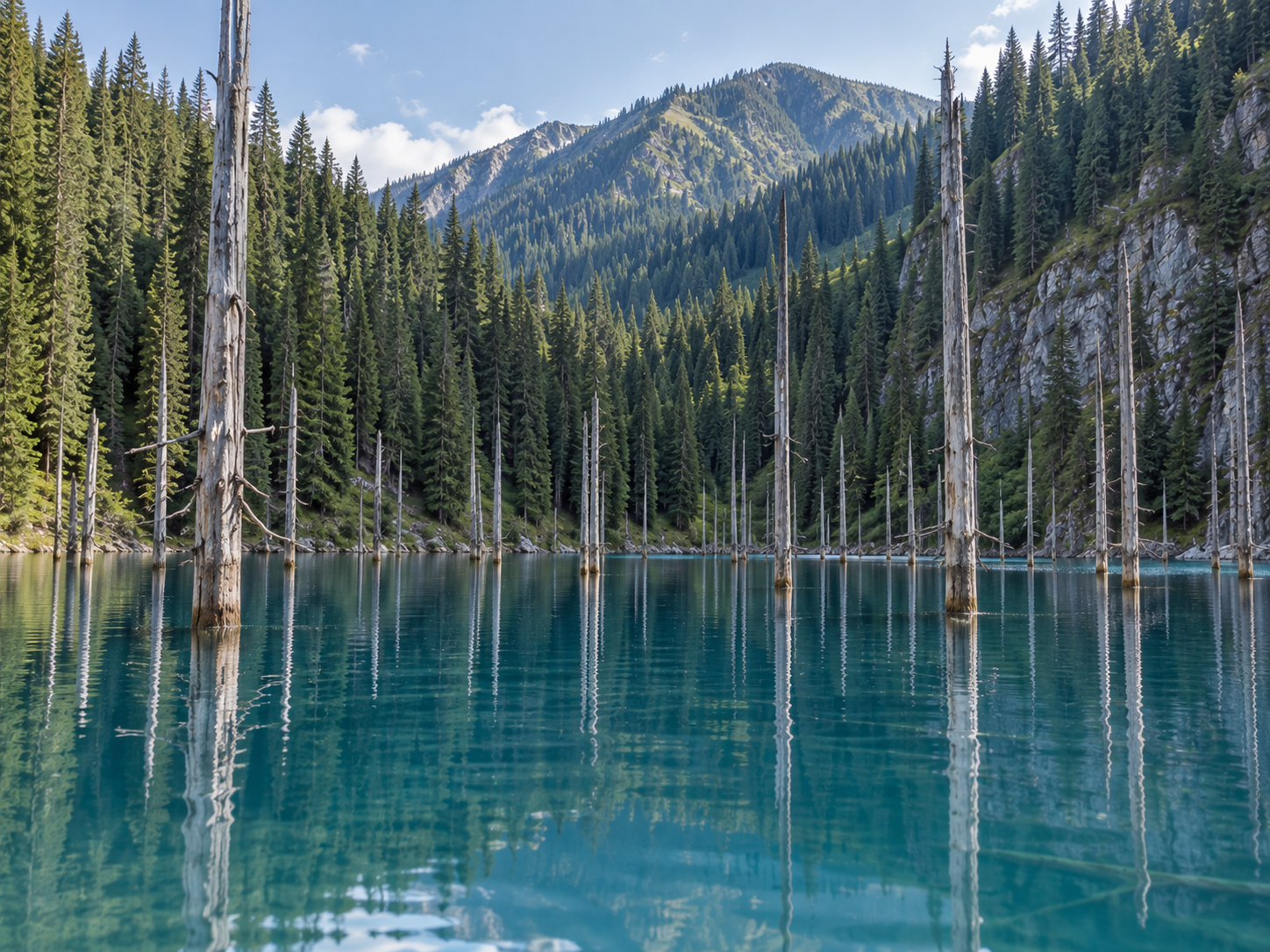 Pale spruce trunks rise from Lake Kaindy while living conifer forest covers the surrounding mountain slopes.