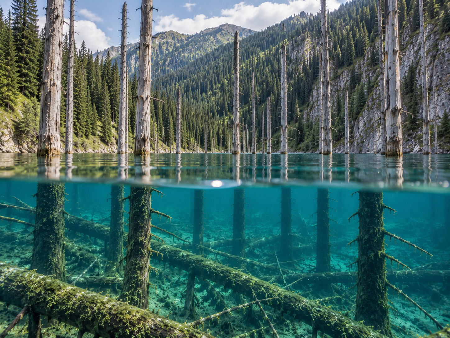 Lake Kaindy reveals an old spruce forest both above and below its clear water surface.