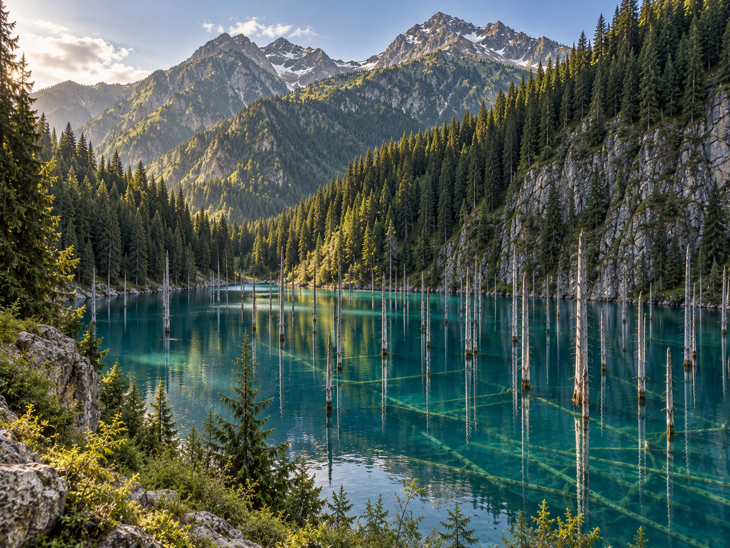 Lake Kaindy combines a young mountain lake with the remains of a forest flooded more than a century ago.