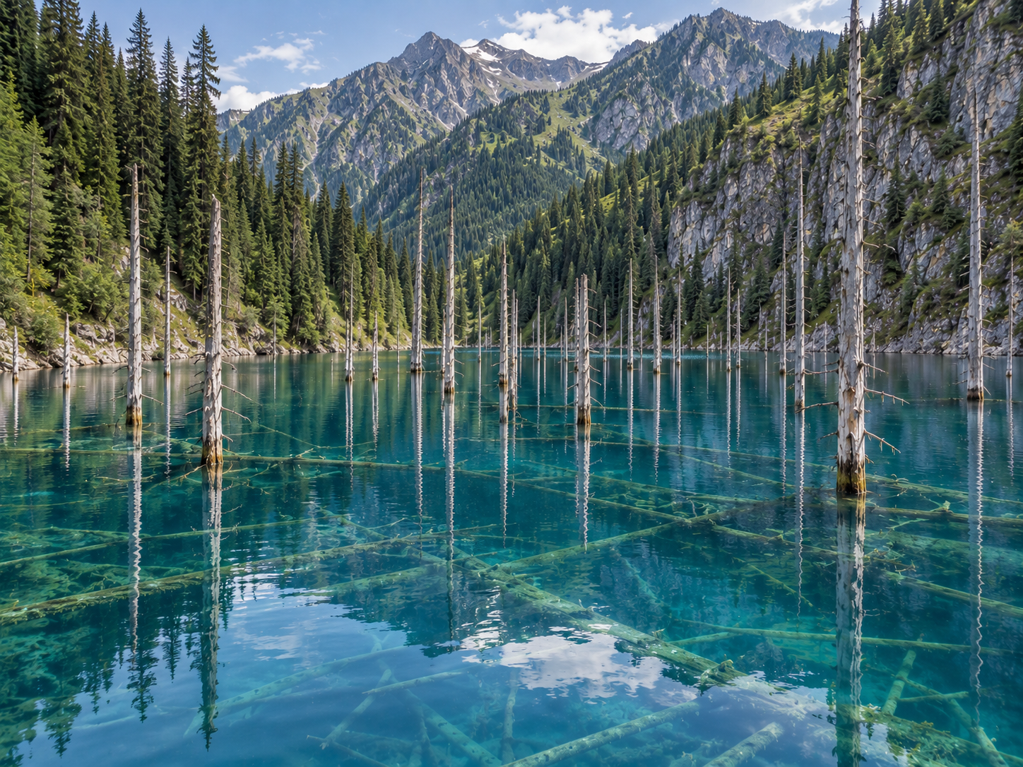 Clear turquoise water at Lake Kaindy reveals submerged trees beneath pale trunks rising above the surface.