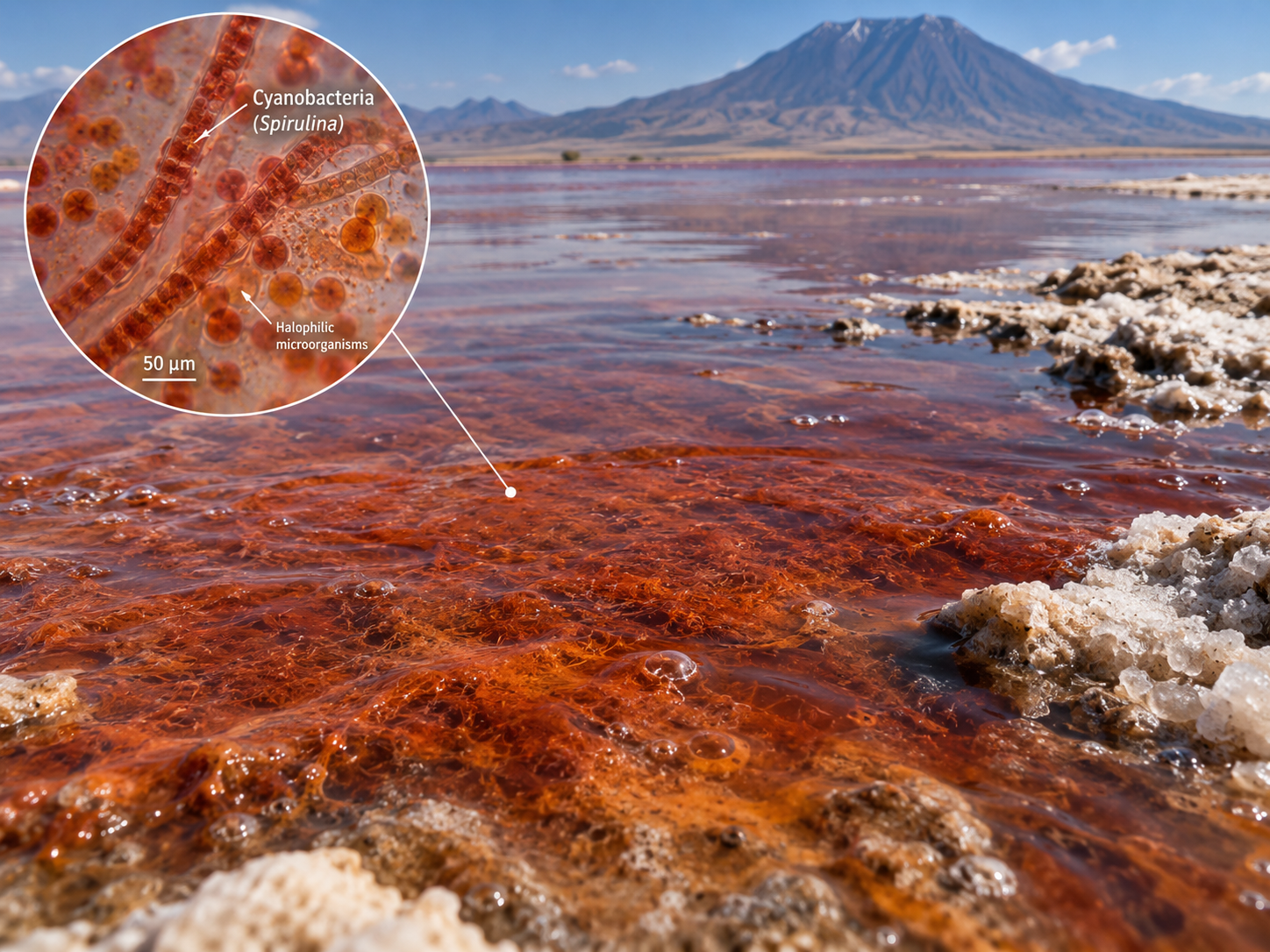 Pigment-producing salt-loving microorganisms contribute red and orange colour to Lake Natron’s water.