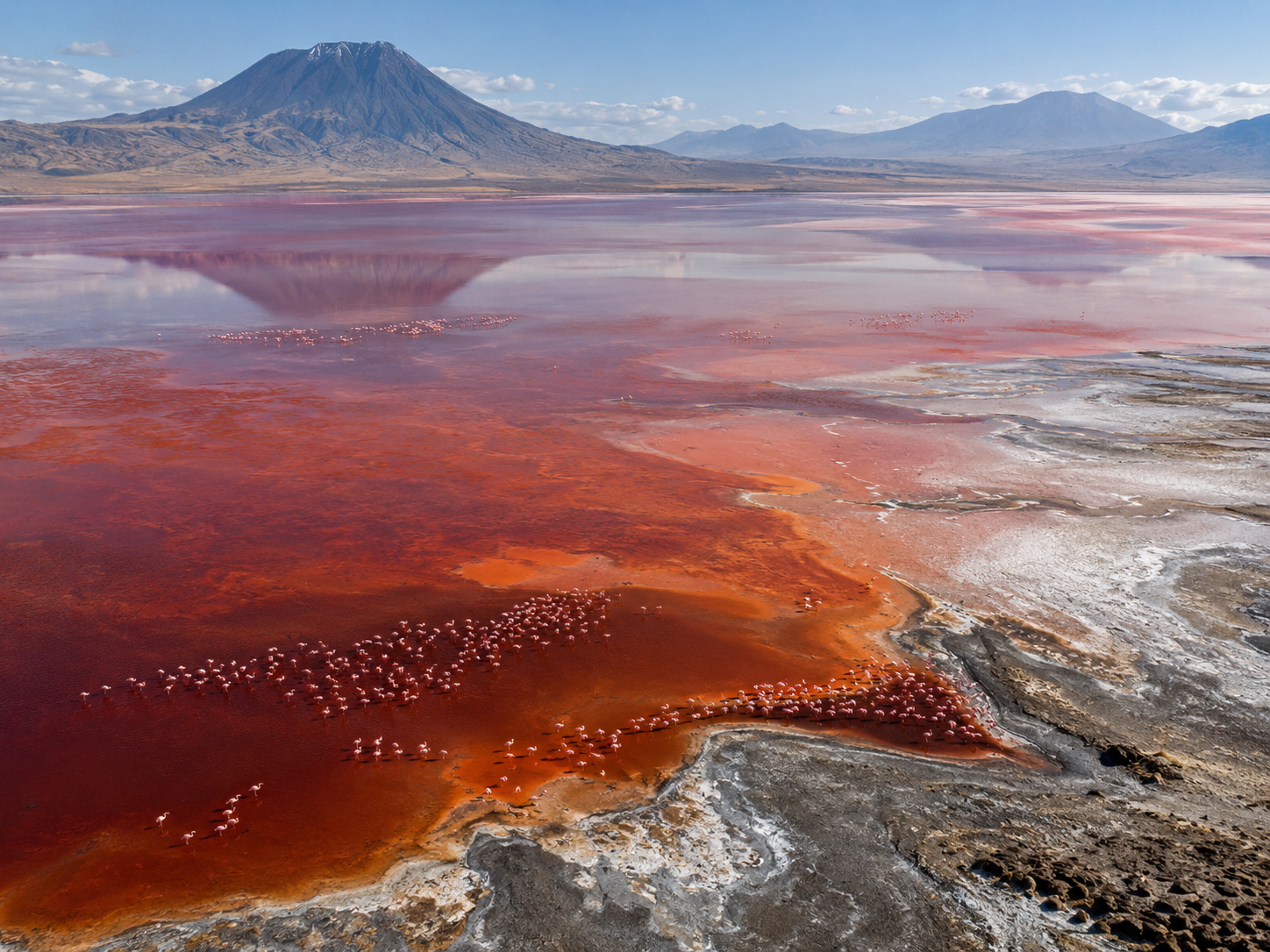 Red and orange water fills parts of Lake Natron in Tanzania while lesser flamingos gather along the shore.