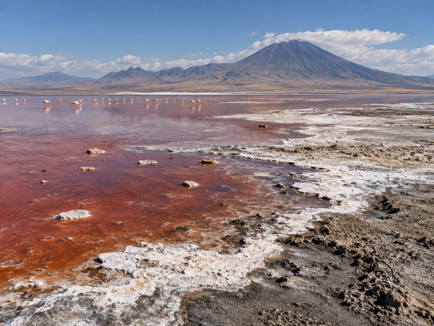 Shallow red water and white salt crust line the harsh alkaline shoreline of Lake Natron.