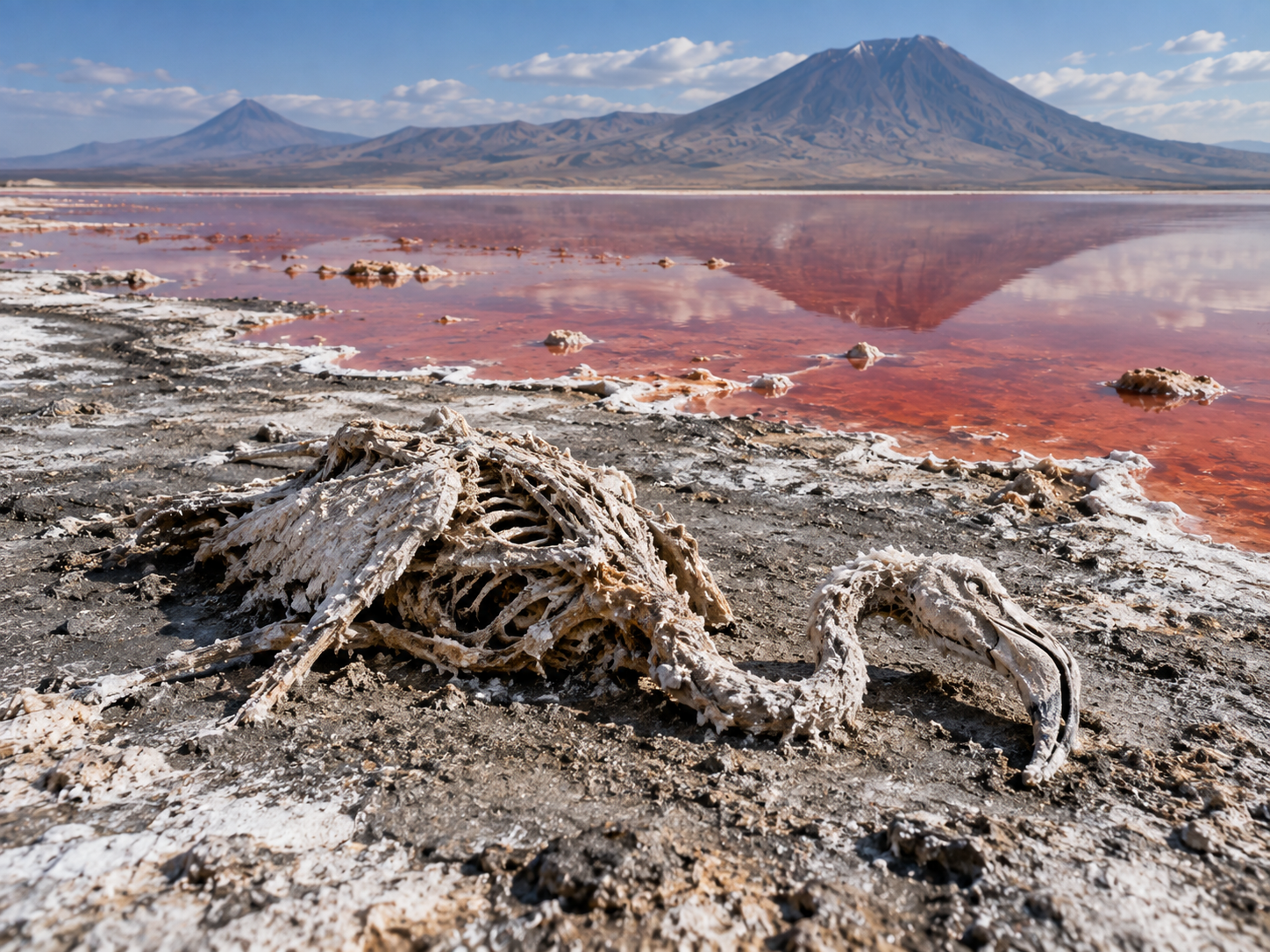 Naturally preserved animal remains lie on the mineral-rich shoreline of Lake Natron.