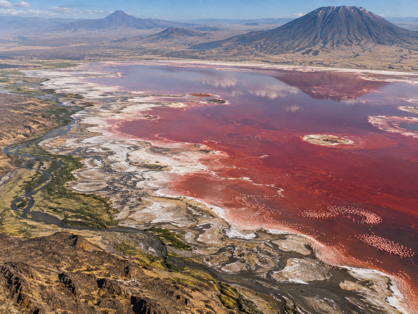 Lake Natron forms part of the larger East African Rift landscape of volcanic mountains, rivers, salt flats and wildlife habitat.