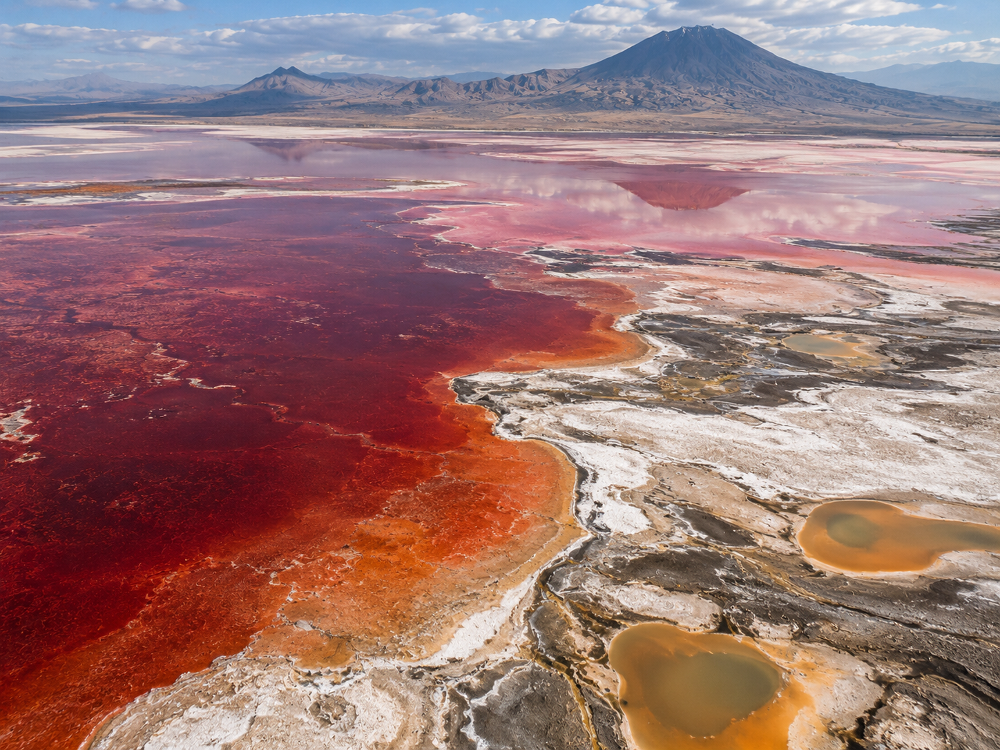 Different parts of Lake Natron show red, orange, pink and pale water as salinity and water levels vary.