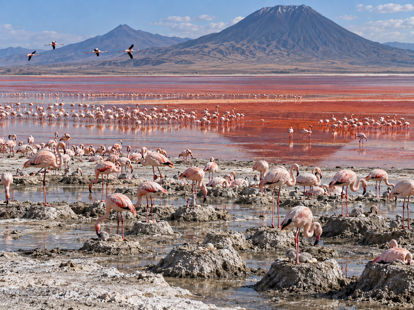 Lesser flamingos gather and breed along the shallow shores of Lake Natron.