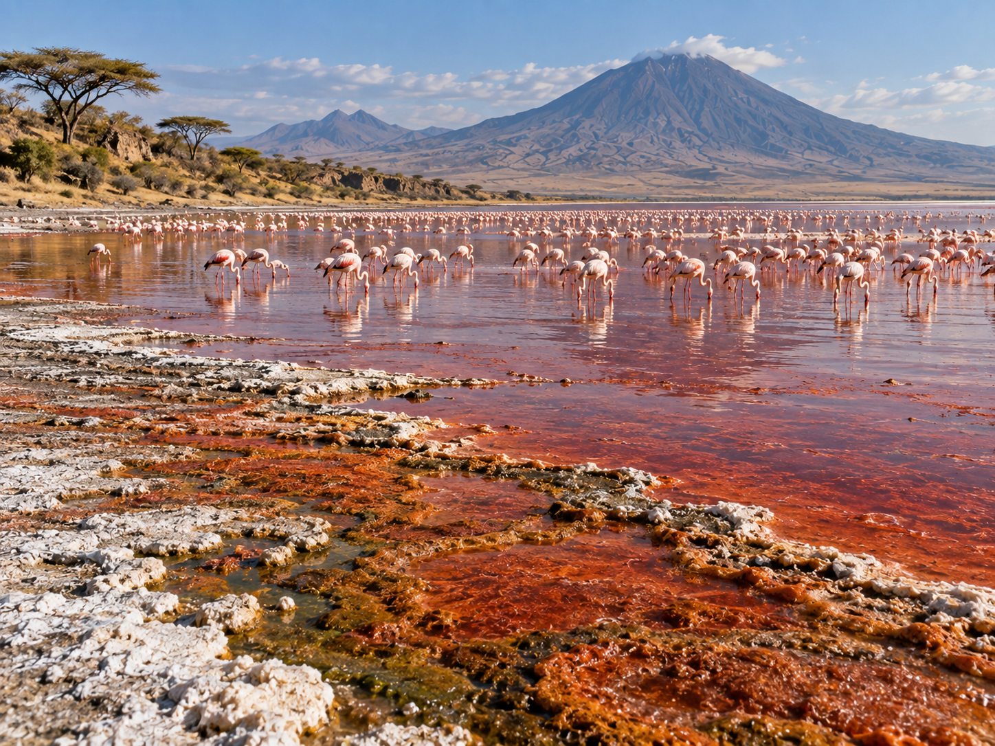 Lake Natron supports microorganisms and large flocks of lesser flamingos despite its extreme chemistry.