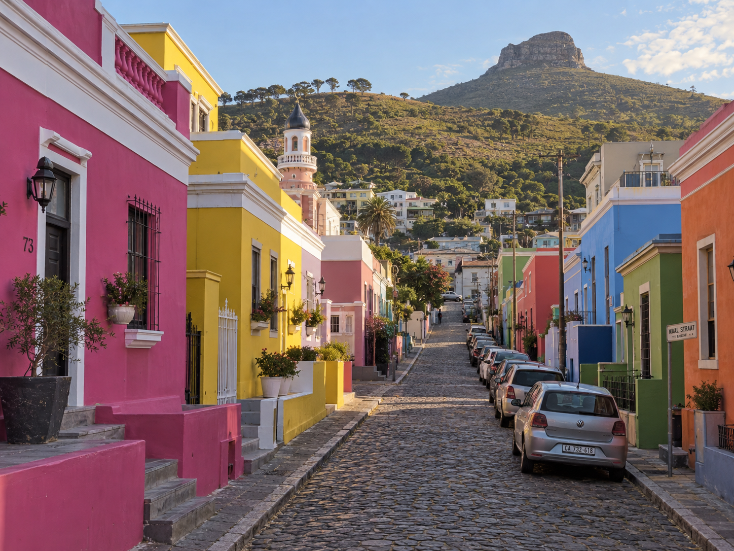 Brightly painted historic houses line a steep cobbled street in Cape Town’s Bo-Kaap beneath Signal Hill.