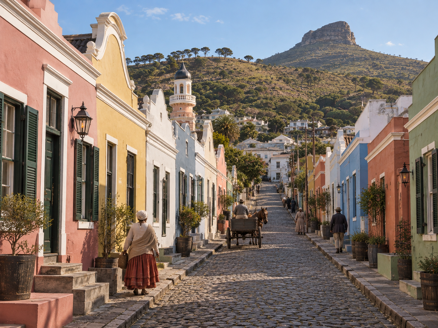 Early Bo-Kaap houses sit closely together along a steep cobbled street in historic Cape Town.