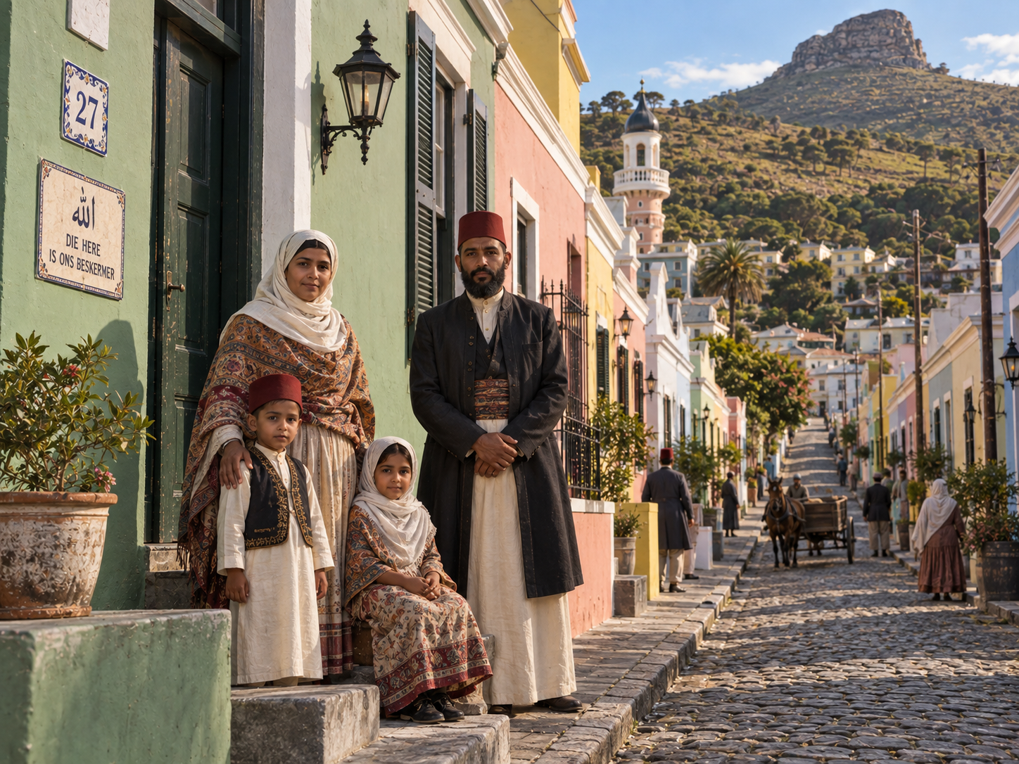 A Cape Muslim family stands outside a historic Bo-Kaap home in 19th-century Cape Town.