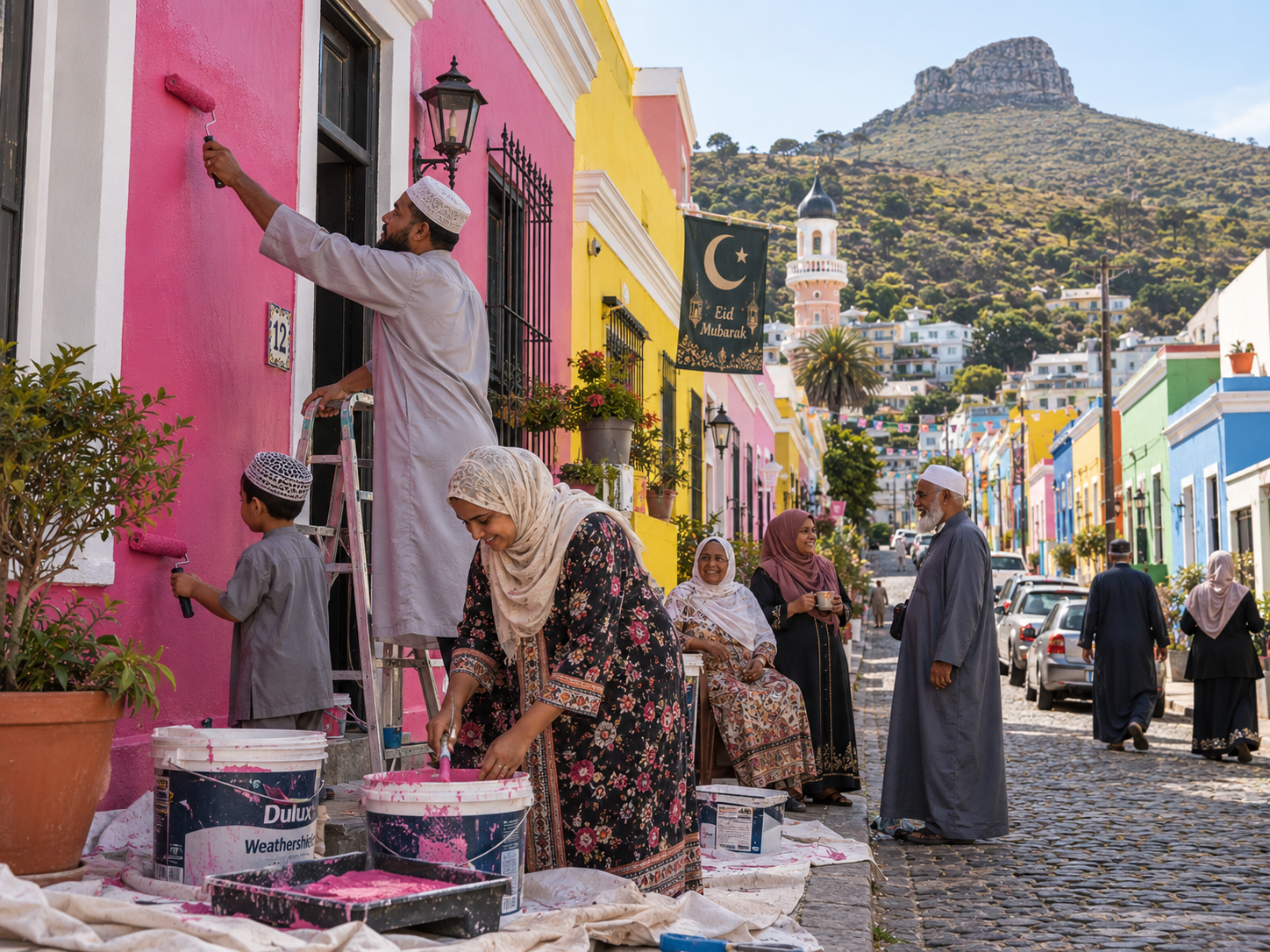 A Bo-Kaap family repaints a house while neighbours gather along the colourful residential street.