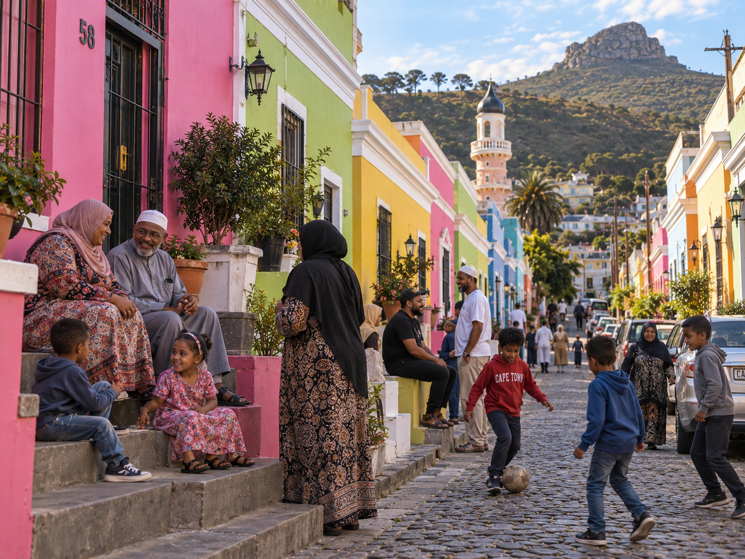 Residents and children use a colourful Bo-Kaap street as a shared community space.