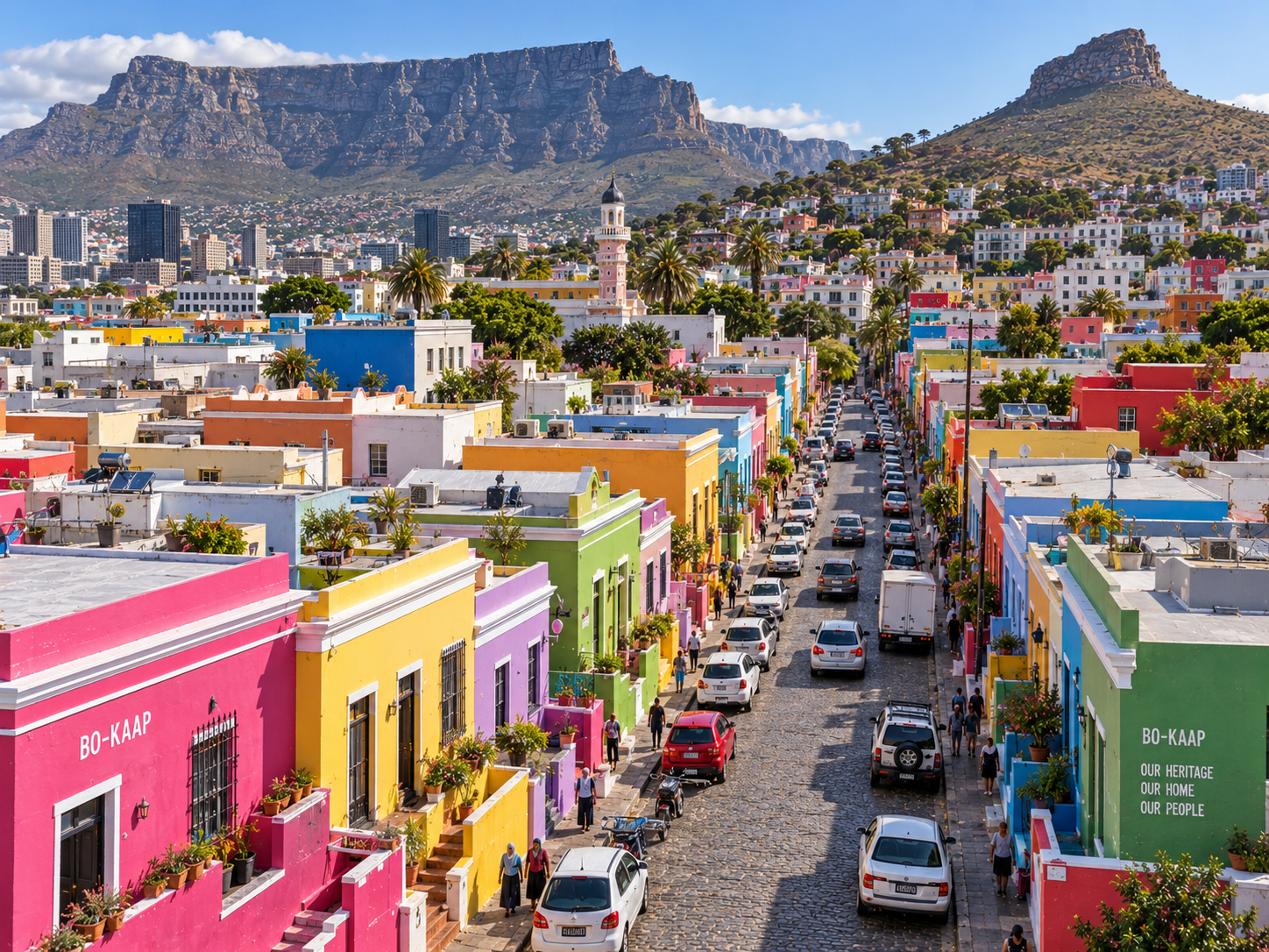 Aerial view of Bo-Kaap in Cape Town, showing a steep cobbled street lined with colourful historic houses, cars and trucks, with Table Mountain and Signal Hill visible in the background.