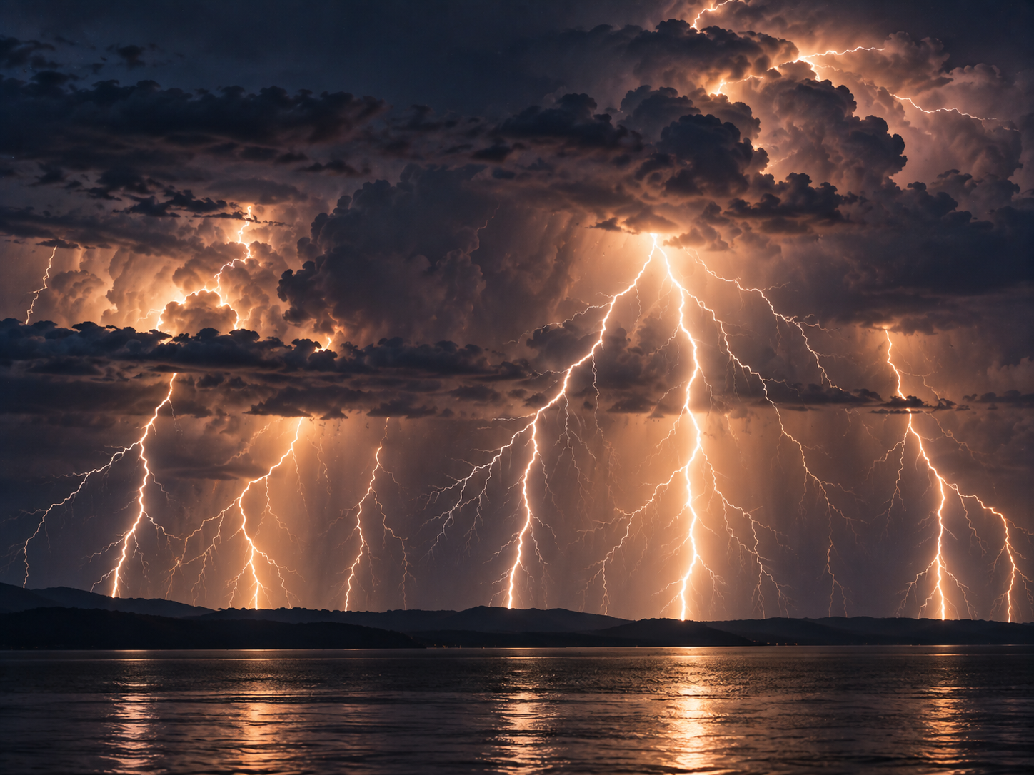 Close-up view of a powerful nighttime thunderstorm over Lake Maracaibo, with numerous bright lightning bolts branching through towering dark clouds and reflecting across the lake’s surface.