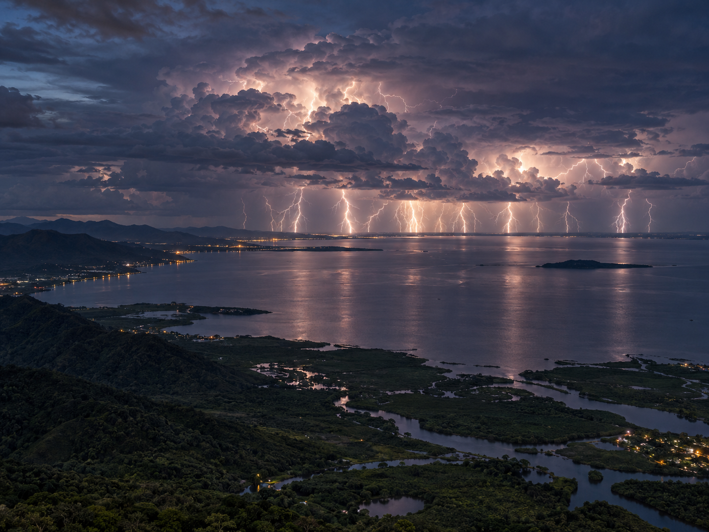Frequent lightning illuminates thunderstorms over southern Lake Maracaibo near the Catatumbo River in Venezuela.