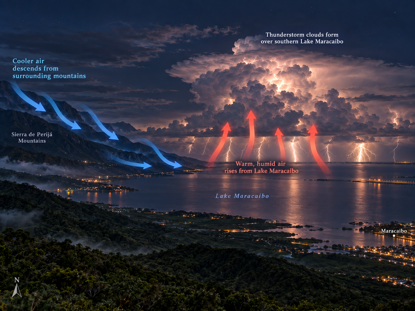 Diagram showing warm lake air, mountain winds and converging airflow creating frequent thunderstorms over Lake Maracaibo.