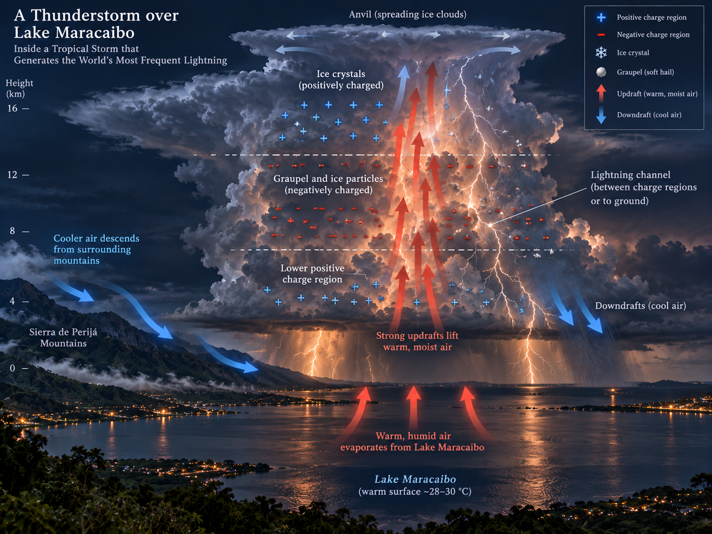 Inside a Catatumbo thunderstorm, rising air and collisions between ice particles help separate electrical charges and produce lightning.