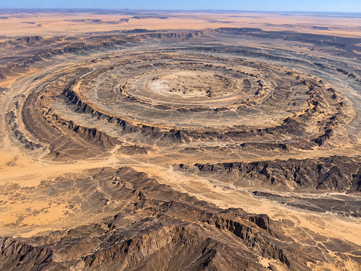 Eroded rock layers form broad circular ridges across the uplifted dome of the Richat Structure.