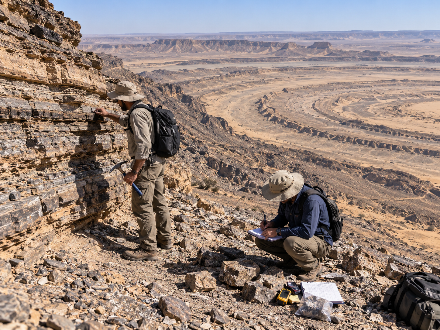 Geologists examine exposed rock layers in the Richat Structure that helped show it was not a meteor impact crater.