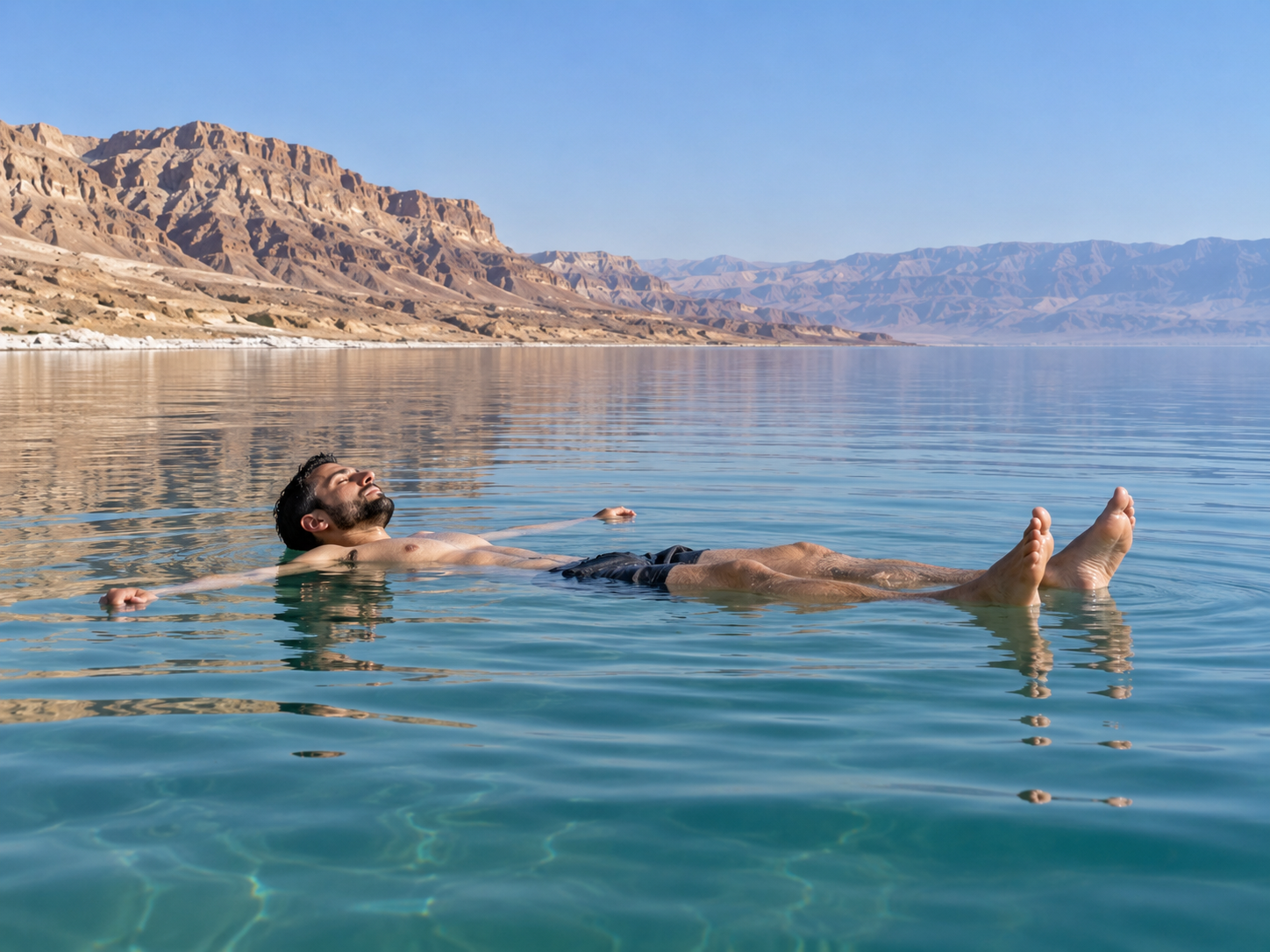 A person floats high on their back in the unusually dense water of the Dead Sea.