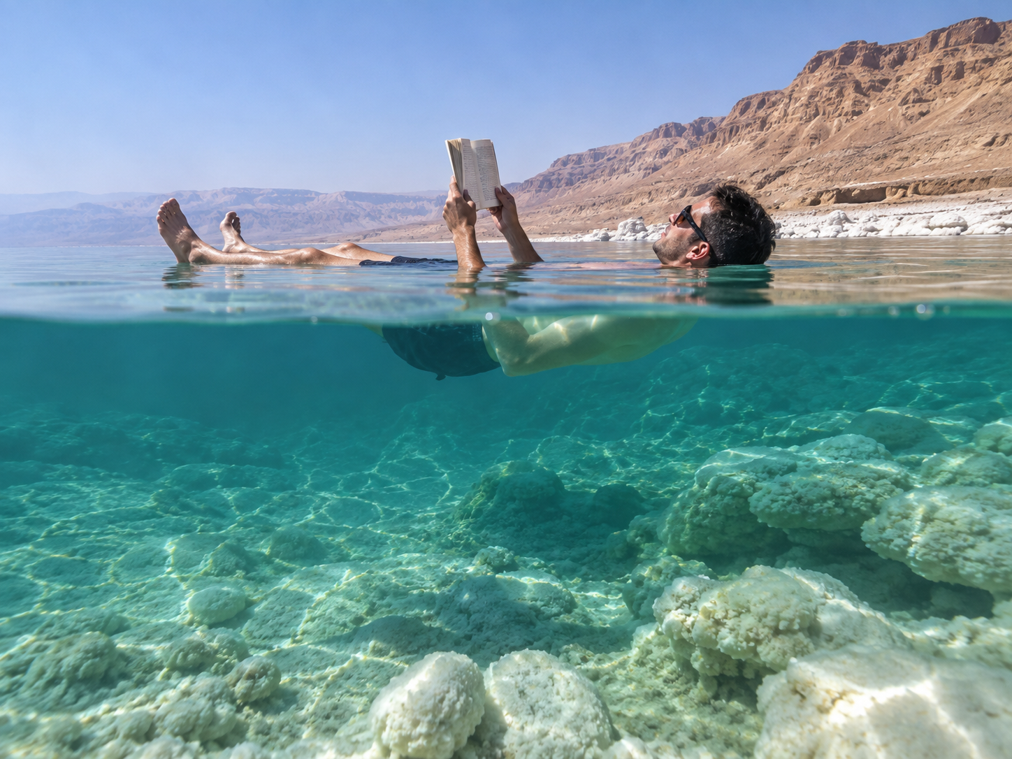 A person floats unusually high in the dense salty water of the Dead Sea.