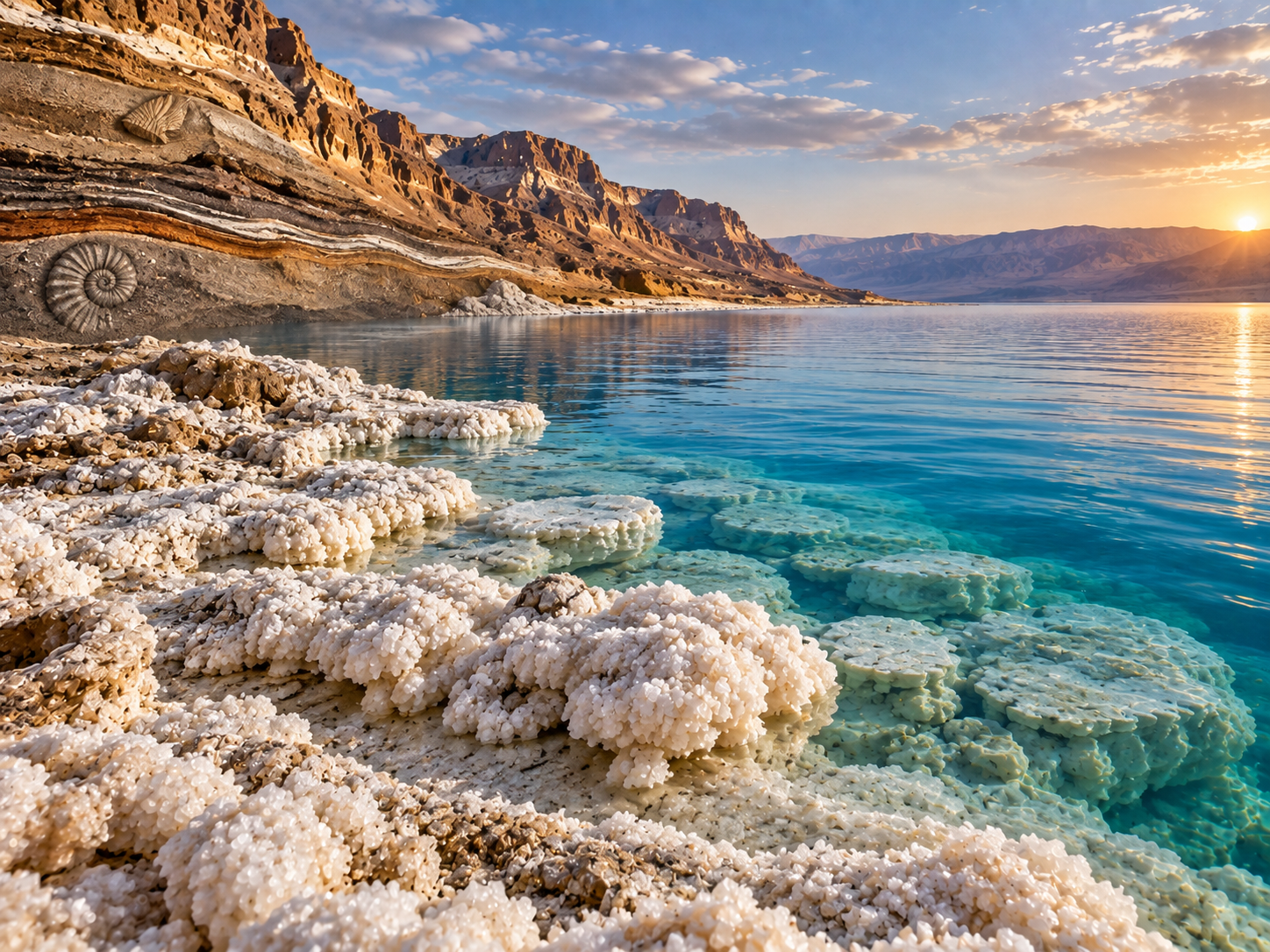Dead Sea shoreline covered in thick white salt formations beside calm turquoise water, with ancient layered desert rock and fossil impressions in the foreground and rugged mountains glowing in the sunset.