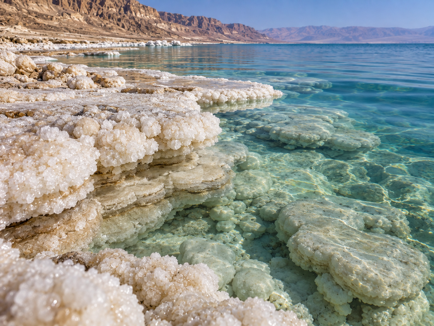 Thick mineral deposits and hypersaline water line the edge of the Dead Sea.