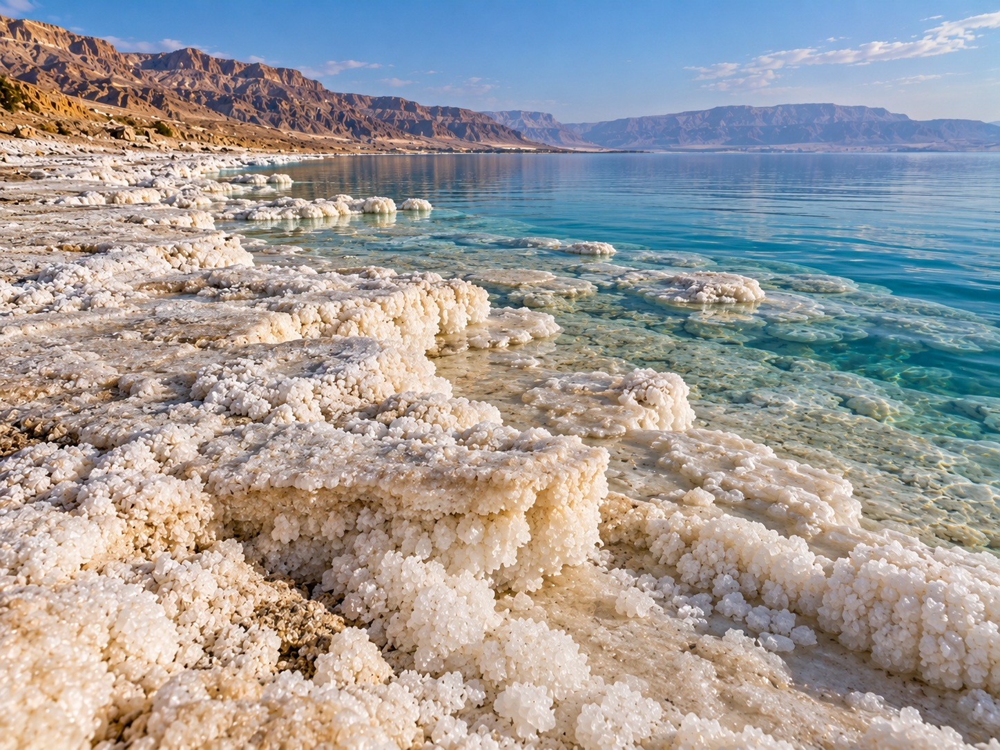 White salt and mineral deposits form along the receding shoreline of the Dead Sea.