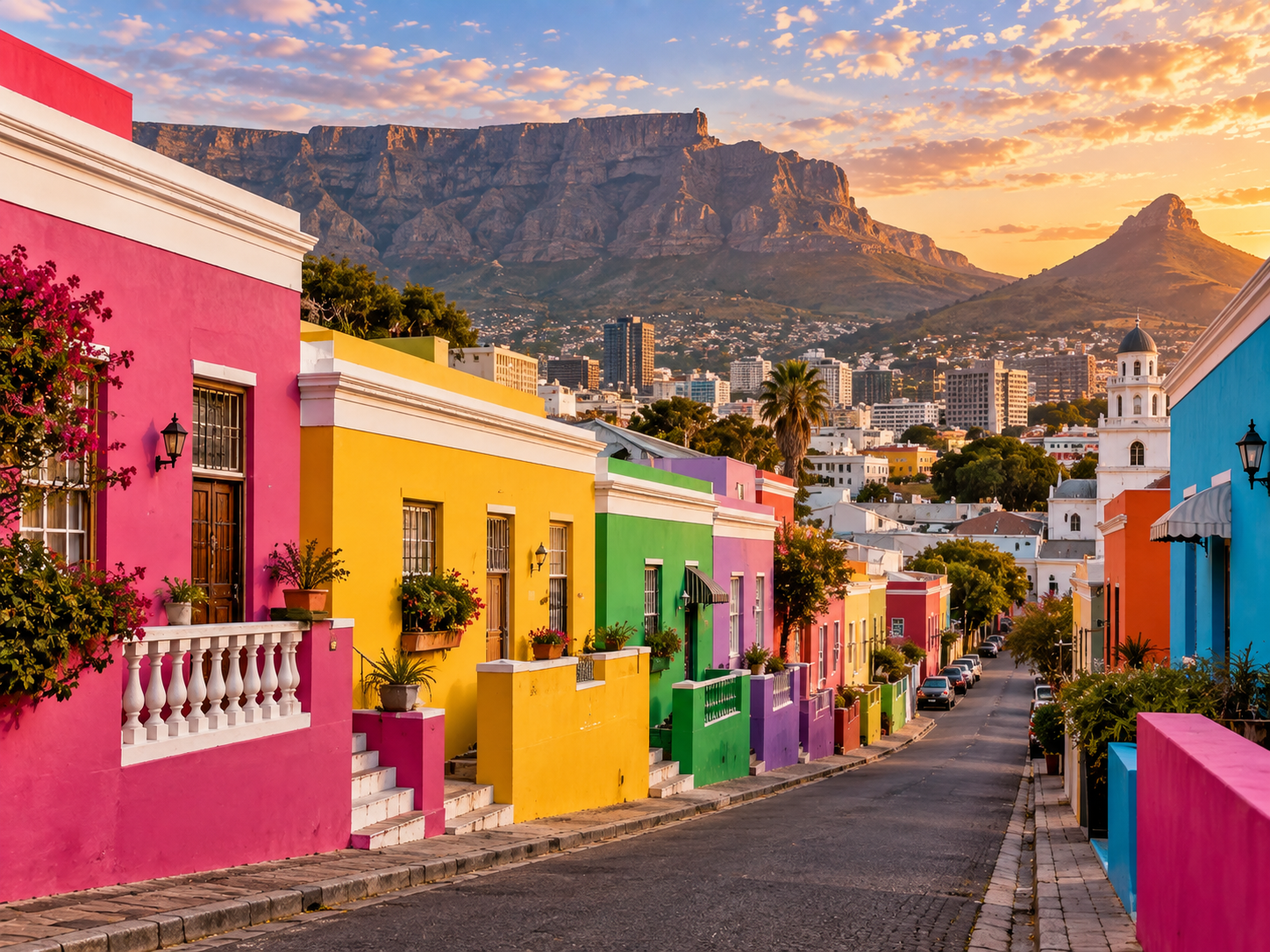 Brightly painted historic houses line a steep cobbled street in Cape Town’s Bo-Kaap beneath Signal Hill.