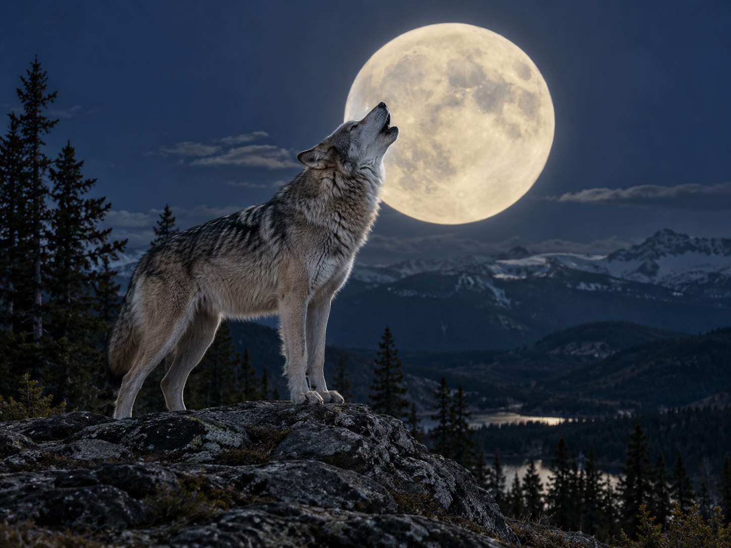 A gray wolf howls at night with a full moon visible behind it, though the moon does not cause the howl.