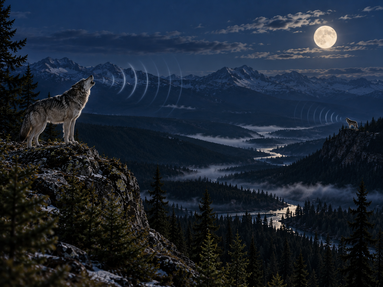 Two distant wolves answer one another across a large forested valley through long-distance howling.