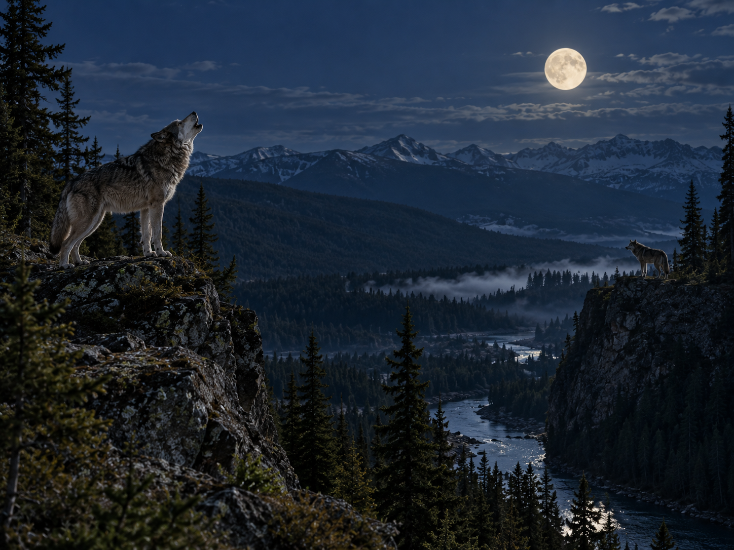 Two wolves use howling to communicate across a forested valley at night.