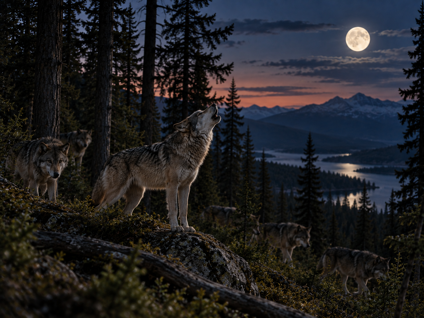 A wolf howls at night while other pack members move through the surrounding forest.