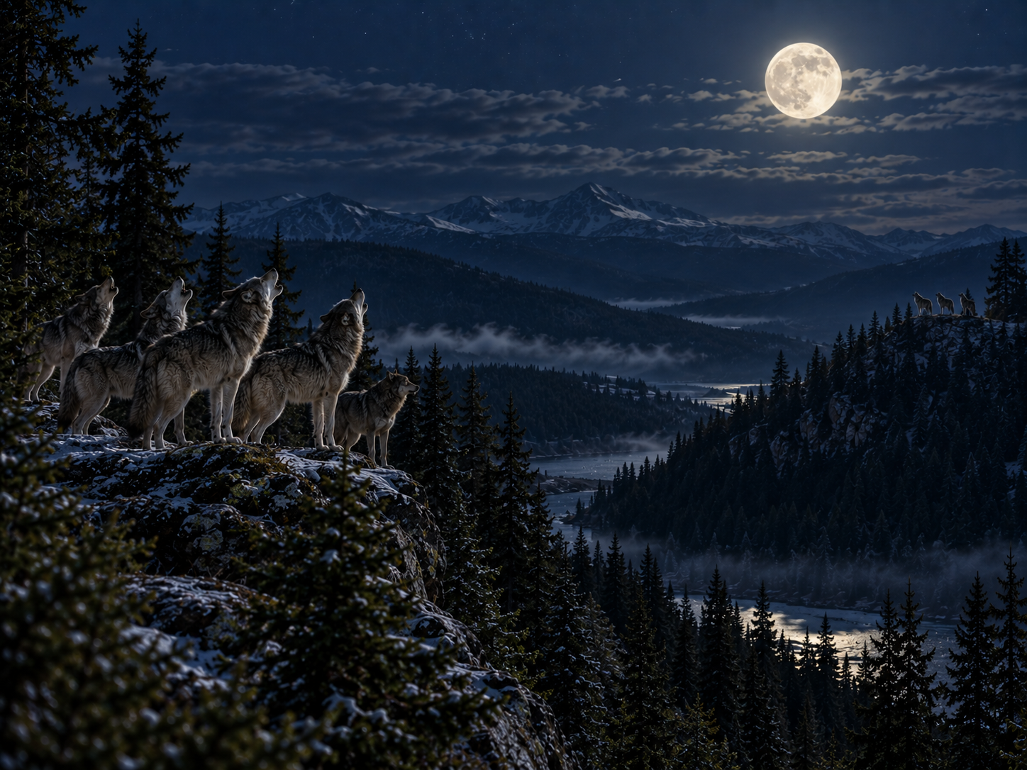 A wolf pack howls from its territory while another group remains outside the defended area.