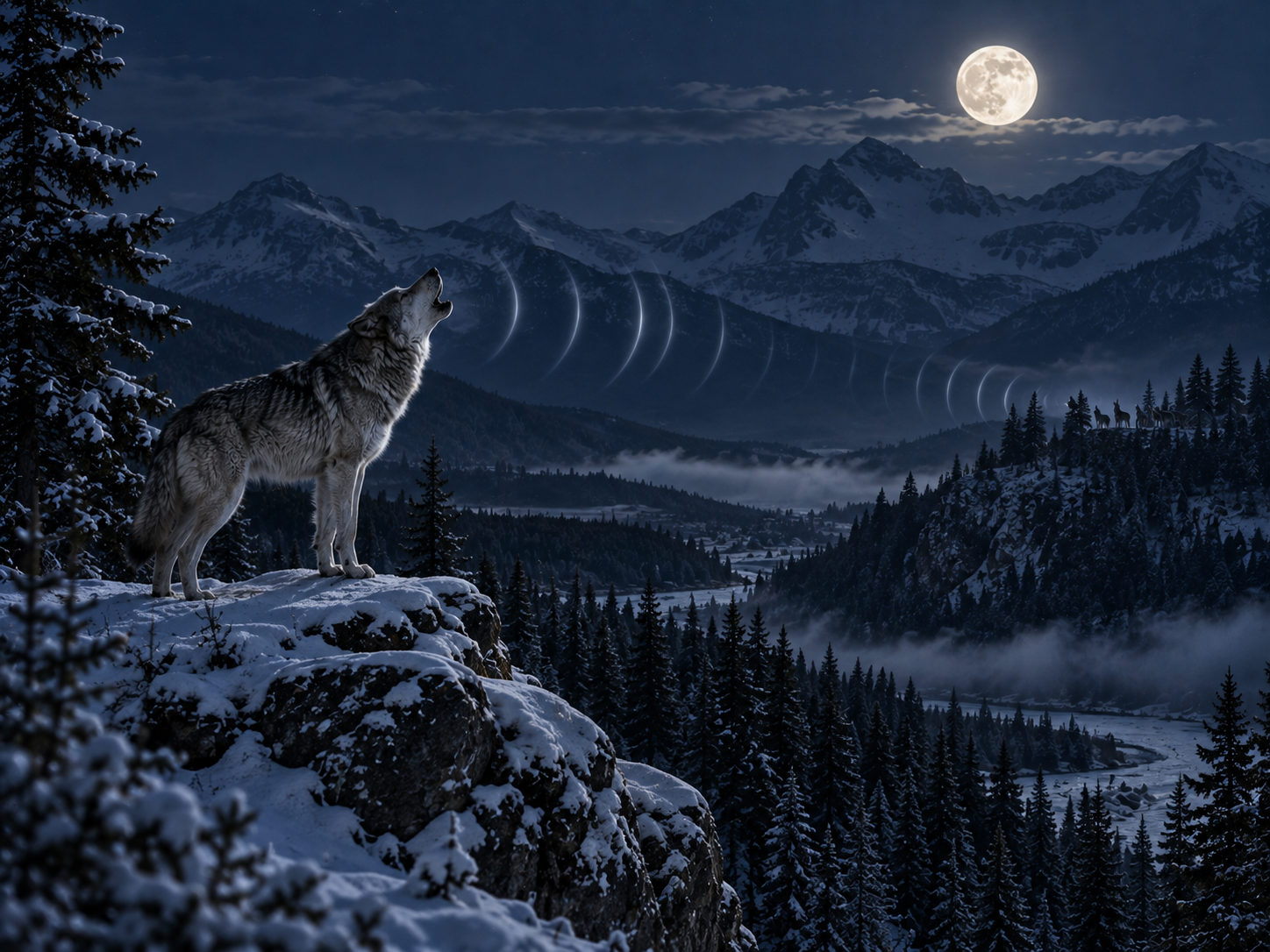 A lone wolf howls across a snowy valley while distant pack members answer.