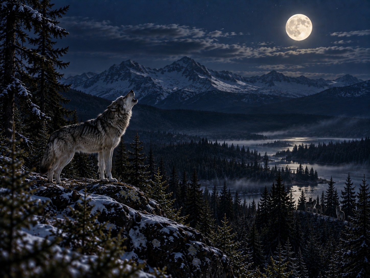 A gray wolf howls across a quiet night landscape while a full moon shines above the forest.