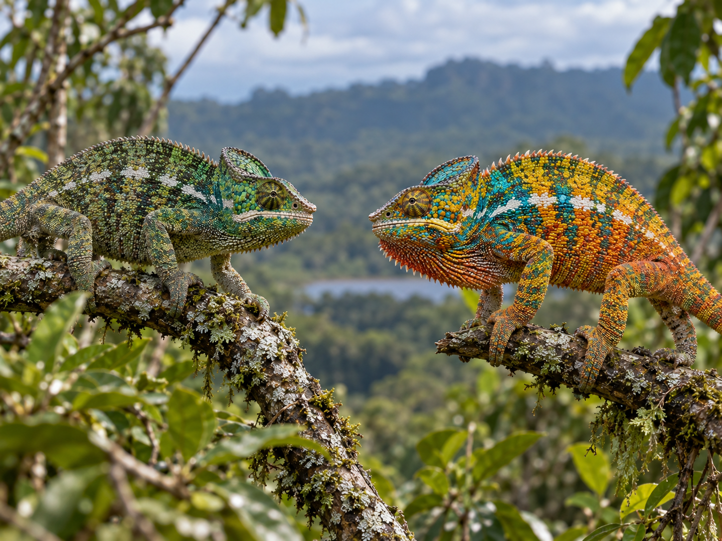 Two male panther chameleons display different colours during a social interaction.