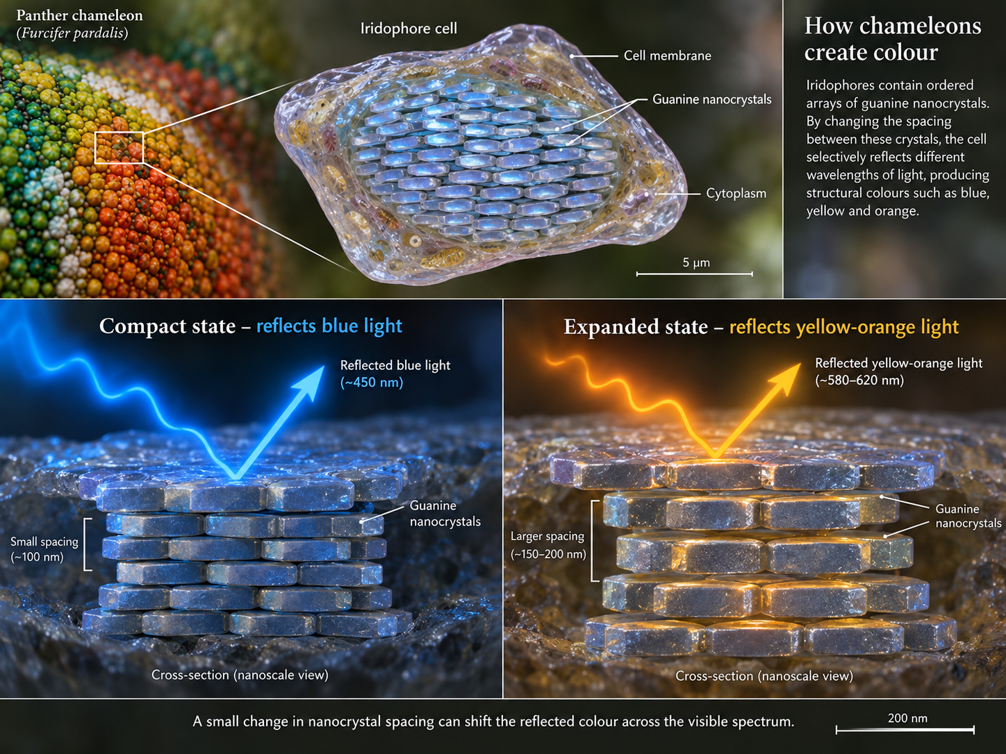 Guanine nanocrystals inside a chameleon’s skin change their spacing and alter the colour of reflected light.