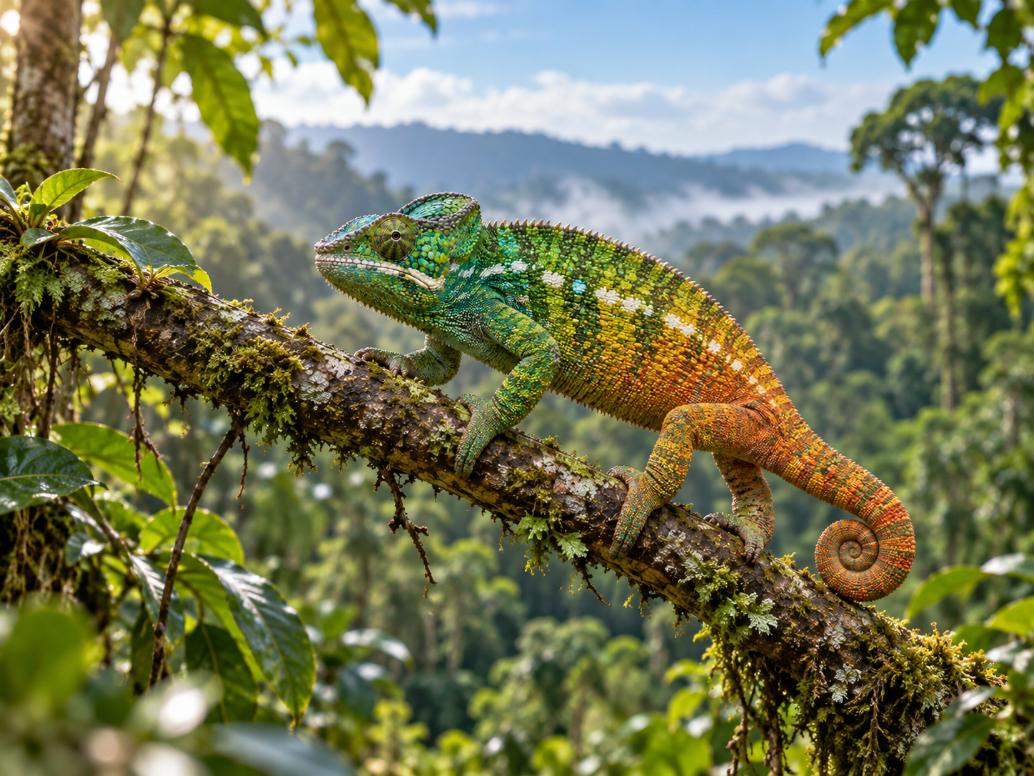 A panther chameleon shows a natural transition from green to yellow-orange across its scaled skin.