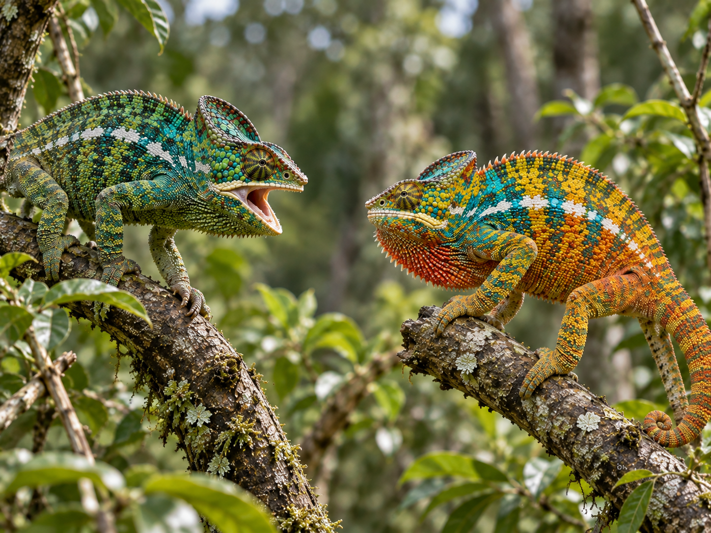 A brightly coloured male panther chameleon displays vivid colours during a territorial encounter.