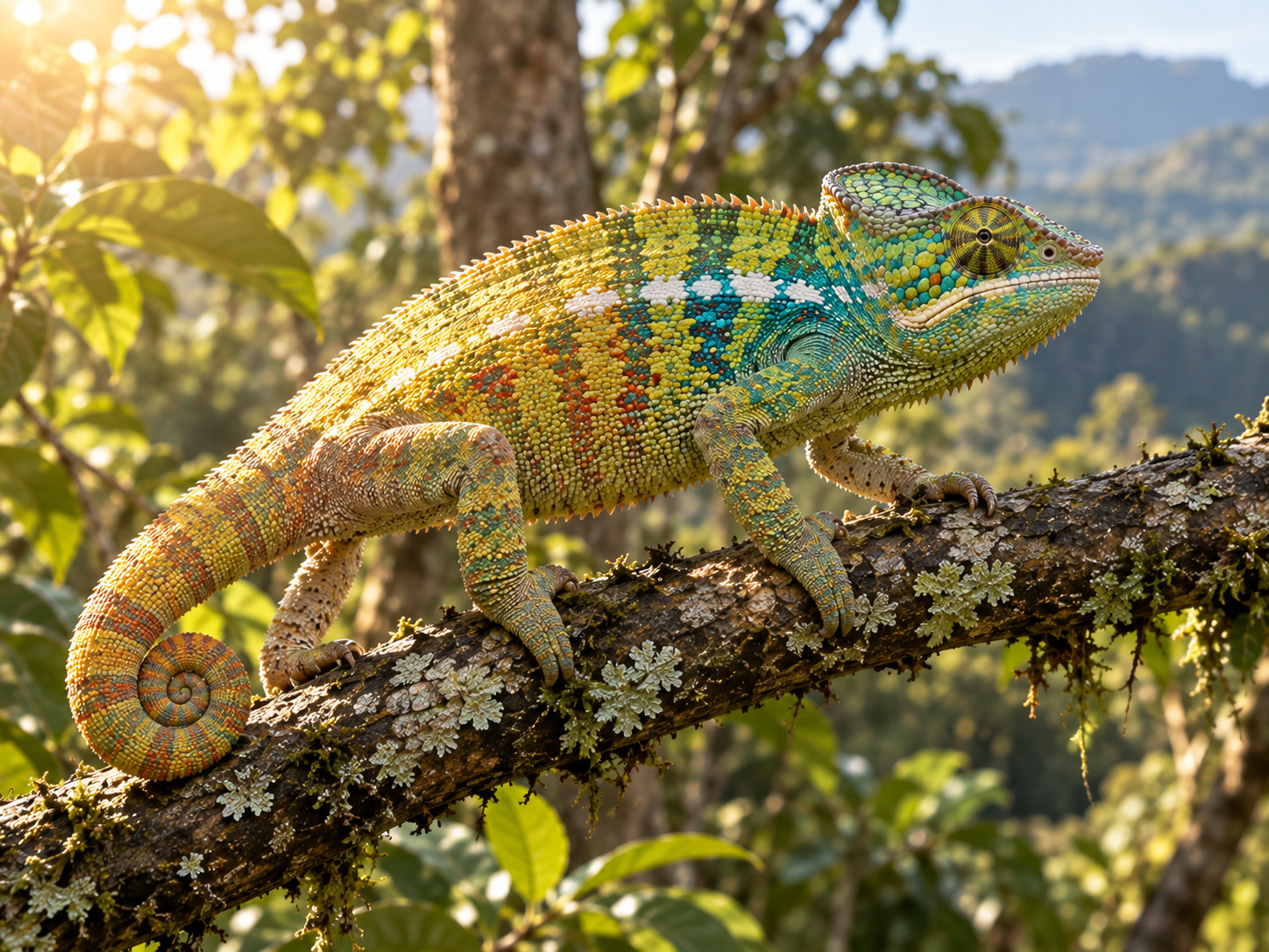 A panther chameleon changes its brightness while exposed to sunlight in its natural habitat.
