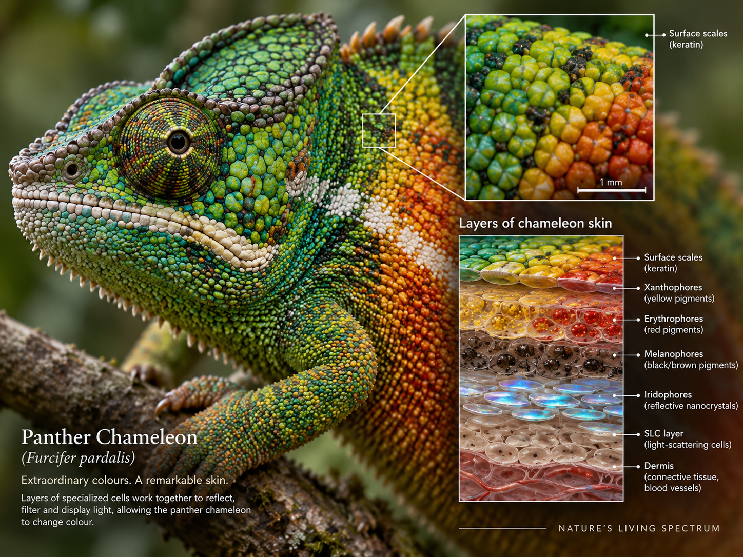 Chameleon scales cover deeper skin layers containing pigment cells and light-reflecting iridophores.