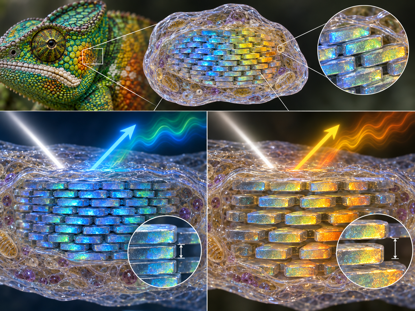 A chameleon’s guanine crystal lattice expands and changes the colour of reflected light.
