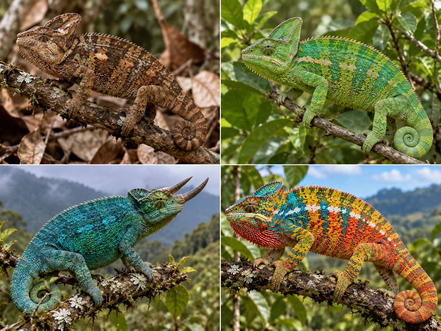 Different chameleon species show the wide range of colours and colour-changing abilities found across the group.